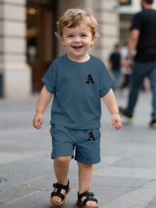 SHEIN Baby Boy Casual Minimalist T-Shirt Set, Suitable For Summer, Classic Simple Fashion Letter A Print - Multicolor - View 1