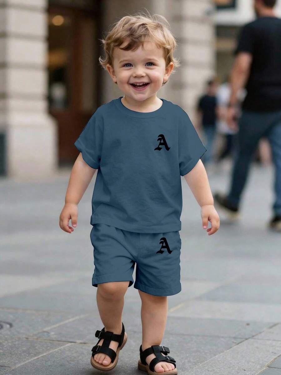 SHEIN Baby Boy Casual Minimalist T-Shirt Set, Suitable For Summer, Classic Simple Fashion Letter A Print - Multicolor - View 1