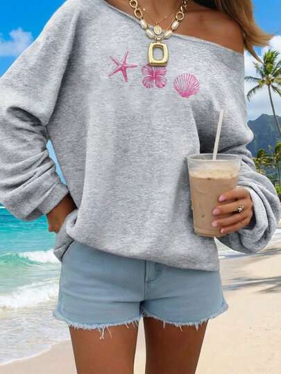 SHEIN EZwear Light Grey Women's Off-Shoulder Loose Casual Long Sleeve Sweatshirt, Hibiscus Flower Print, Shell Print, Women Sweatshirt