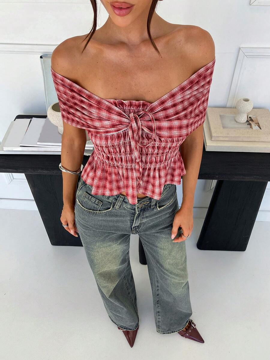 Siren Gaze 女士红色格子露肩褶皱短款上衣，系带荷叶边下摆一字领上衣，Y2K夏季休闲衬衫，露肩上衣，女士褶皱格子上衣，短款格子上衣，夏季女士上衣，可爱田园风上衣，格子露肩上衣