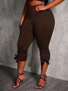 SHEIN SXY 2pcs/Set Plus Size Women's Leopard Print & Chocolate Brown Capri Pants With Bow Decor,Summer Casual Country Everyday Mid-Waist Elastic Capri Pants Set - Brown - View 3