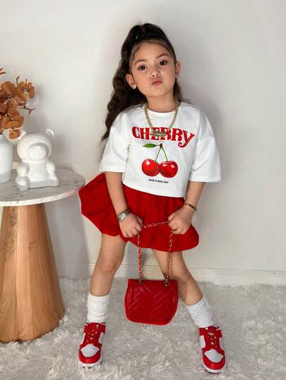Young Girl Casual Cute Cherry Print Round Neck T-Shirt And Peplum Skirt 2-Piece Set