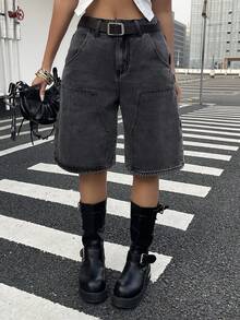 DAZY 西部牛仔风分叉口袋直筒牛仔百慕大短裤，休闲街头风女式牛仔短裤，春秋季Y2K牛仔短裤 - 灰色 - 查看 4