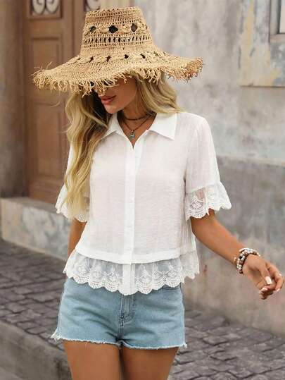 Brillora Women's Solid Color Regular Shoulder Short Sleeve Lace Trim Button Front Casual Shirt, Casual Tops For Women , Casual Outfit For Women , Summer Holiday Outfits, Going Out Tops, Beach Outfit For Women , Summer Outfits For Women, White Top , White Blouse