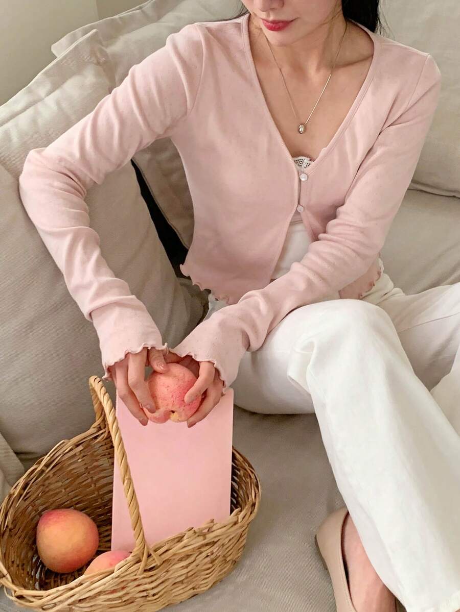 DAZY 女士V领修身系带T恤开衫 - 杏色 - 查看 1