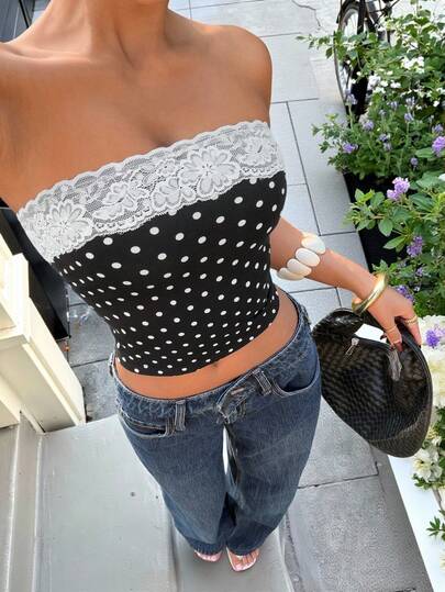 Muchica Women's Summer New Polka Dot Contrast Lace Bandeau Top