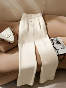 Franclia 女士新款高腰前扣褶裥阔腿休闲裤，通勤百搭 - 米色 - 查看 1