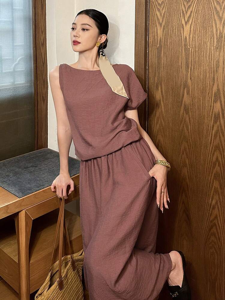 Women's Elegant Solid Color Asymmetric Shoulder Sleeveless Top And Skirt 2 Pieces Set, Summer