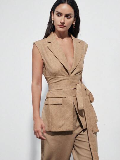 Aveloria Modichic New Fashionable Sleeveless Waist Tie Faux Pocket Bicolor Twill Women Suit Jacket