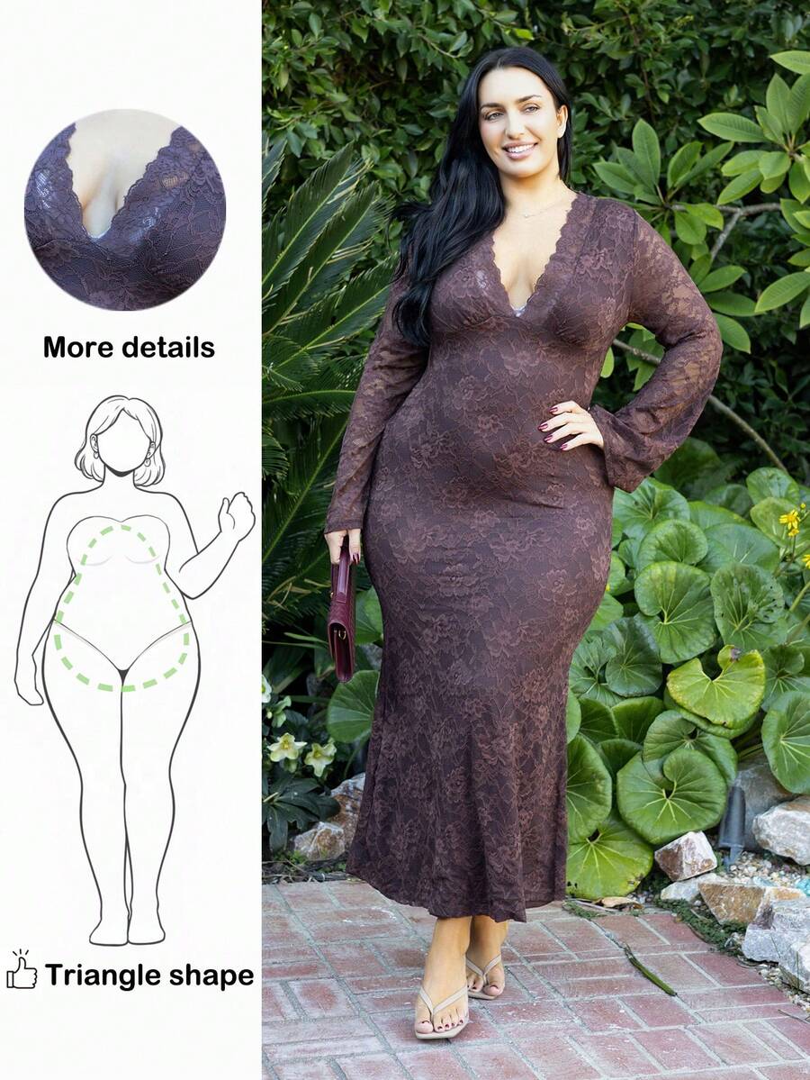 Truni Damen Große Größen Spitze durchsichtiges Strandkleid mit V-Ausschnitt, eng anliegendes Kleid, Frühling/Sommer - Kaffeebraun - Übersicht 1