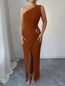 Selianne Stylish Women's Brown Knitted Sleeveless Fitted Long Dress Asymmetrical Neck Slit Prom Wear - Brown - View 3