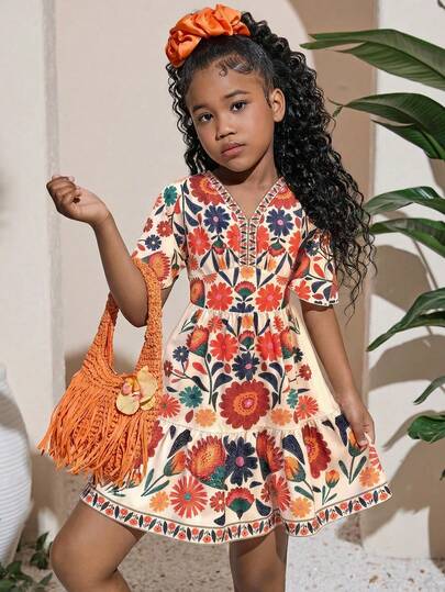 SHEIN Tween Girls' Elegant Colorful Tropical Floral Print V-Neck Fitted Waist Flare Sleeve Ruffle Hem A-Line Dress, Suitable For Beach Vacation And Tropical Resort