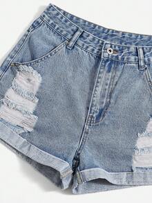 Breezaya Quần short denim nữ cỡ lớn, rách, có túi, kiểu dáng thường ngày, đa năng. - Màu xanh lam - Xem 4