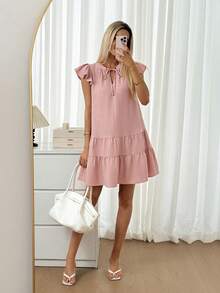 Easowa Đầm ngắn màu hồng dành cho nữ, tay ngắn xếp bèo, dáng chữ A xếp lớp, cổ chữ V, thích hợp cho kỳ nghỉ lãng mạn, lễ hội âm nhạc, phong cách phương Tây, lễ Phục sinh, mặc thường ngày. - Bụi hồng - Xem 2