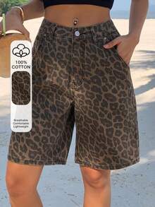 DAZY Teen GirlWashed Leopard Print Denim Shorts - Brown - View 1