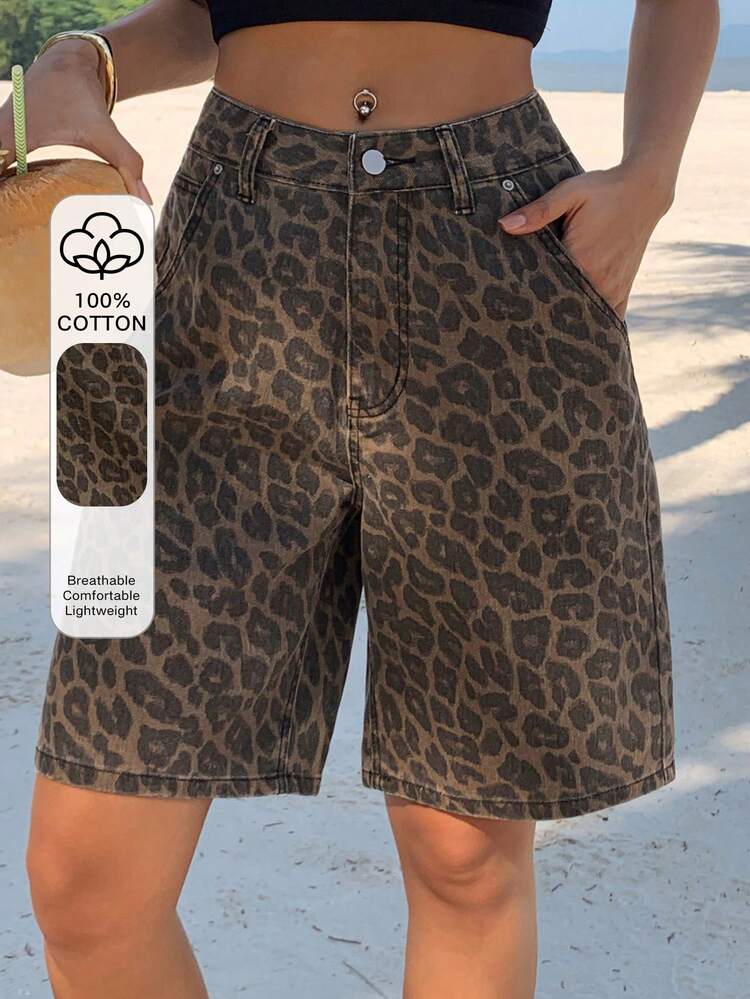 Teen GirlWashed Leopard Print Denim Shorts