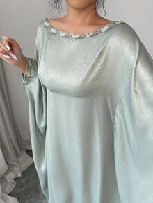 Elenzga Vestido elegante de manga de murciélago con aplicaciones bordadas para fiesta - Verde - Ver 5