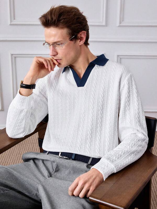 Officeau GOLDREDY 男士简约时尚提花麦穗图案拼接撞色柔软针织 Polo 衫，复古风格，适合斋月穿着，春秋季必备单品