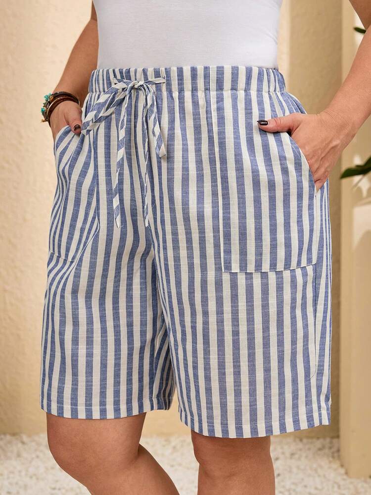 Plus Size Women Waist Tie Striped Pocket Casual Shorts