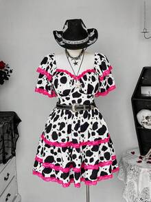 Sweetra 大码夏季时尚奶牛印花撞色蕾丝边伞裙 - 黑色 - 查看 8