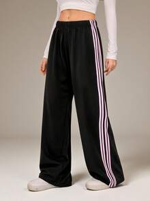 SHEIN Tall 黑色针织阔腿休闲运动裤，女士阔腿运动裤，舒适运动裤，宽松裤 - 黑色 - 查看 8