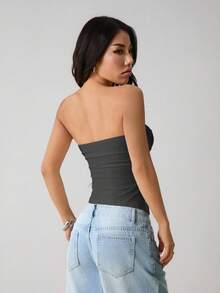 SHEIN PETITE Women's Solid Color Ruched Side Slit Hem Bandeau Top,Summer Top - Grey - View 3