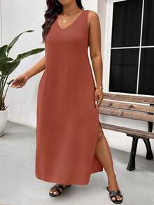 SHEIN Frenchy 大码休闲度假V领蕾丝拼接开衩连衣裙 - 西瓜粉 - 查看 2