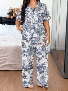 SHEIN Napfluff CURVE Traditional Chinese Style Portrait & Landscape Print Plus Size Short Sleeve Pajama Set With Collar, Outfits  Cozy And Elegant Details - Multicolor - View 4