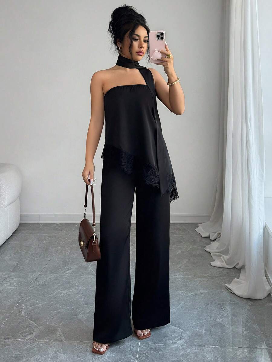 Rafferiza 女士优雅约会装，黑色系带无肩带撞色蕾丝上衣和阔腿裤两件套，春夏款 - 黑色 - 查看 1