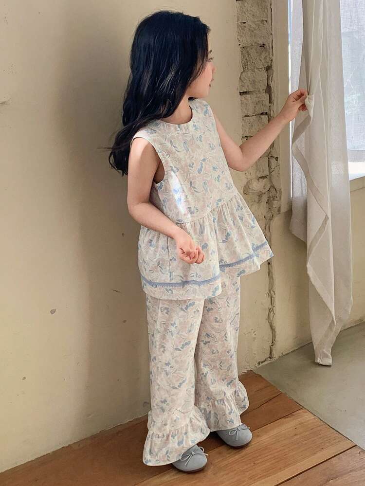 Young Girl Floral Print Sleeveless Shirt & Pants Set