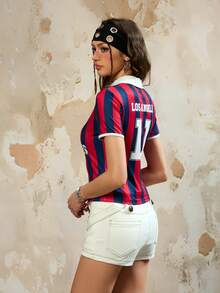 Rina Fox Women's Letter & Stripe Print Polo Collar Short Sleeve Casual T-Shirt - Multicolor - View 2