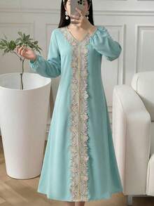 1pc Middle Eastern Style Elegant Detailed Modest Dress For Teen GirlSuitable For Celebrations, Ceremonies, School Events And More Occasions - Green - View 8