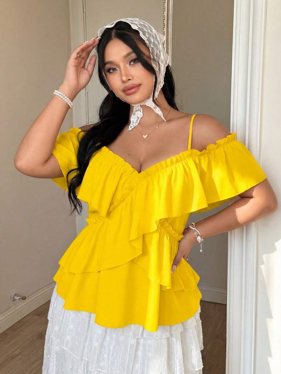 FleurLily Plus Size Solid Color Romantic Ruffled Sleeve Design Camisole Shirt Peplum Top Women Summer Shirts Summer Clothes Yellow Blouse Women Clothes - Yellow - View 1
