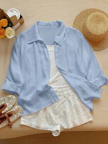 Comfortcana Spring White Solid Batwing Sleeve Shirt - Blue - View 3