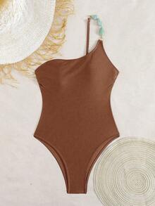 Swim Chiccia Women's Summer Beach Music Festival One Shoulder Shiny Nylon Brown Beaded Elegant Vacation Style One Piece - Brown - View 7