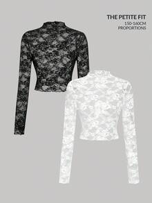 SHEIN MOD Petite 2PCS Women's Sheer Lace Tops,Petite Perfect 150-160cm Long Sleeve Mock Neck Crochet Top,Black And White,Autumn,Elegant,Seductive,Night Out,Y2K Boho - Black and White - View 2