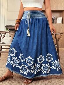 Weeklong Plus Size Women's Summer New Bohemian Style Blue Print Tassel Tie Vintage Drape Skirt. Suitable For: Vacation, Casual Daily, Light Social Occasions, Sightseeing, Beach, Ancient Town Beach Skirt For Women Women's Summer Outfits - Blue - View 5