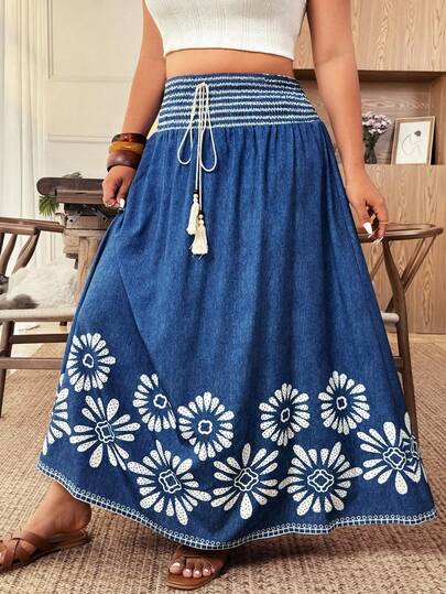 Weeklong Plus Size Women's Summer New Bohemian Style Blue Print Tassel Tie Vintage Drape Skirt. Suitable For: Vacation, Casual Daily, Light Social Occasions, Sightseeing, Beach, Ancient Town
