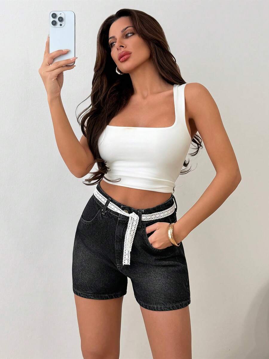 SHEIN Women High-Rise Belted Dark Wash Casual Denim Short - Dark Wash - View 1