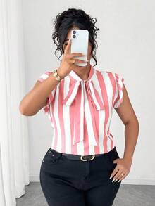 Elenzga Blusa de manga corta con cuello de corbata a rayas negras y blancas, para talla grande, para uso casual o laboral - Rosa vieja - Ver 4