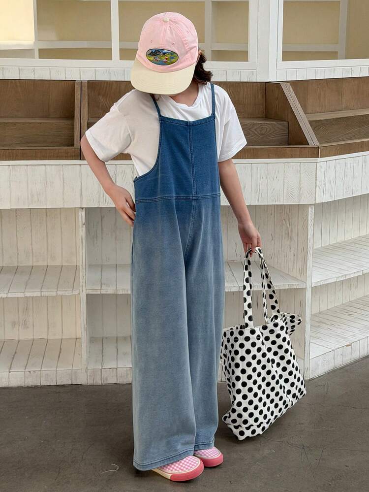 2pcs/Set Tween Girls Solid Color Round Neck Short Sleeve T-Shirt And Denim Bib Pants/Jumpsuit Outfit, Fall