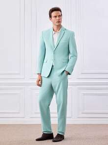 Officeau Men's 2 Pieces Elegant Suit Set, Men's Gentleman Solid Color Double-Breasted Slim-Fit Single-Breasted Business Suit Jacket And Pants Set, Suitable For Balls, Parties, Weddings, Etc., Mint Green, Size XS-3XL - Mint Green - View 4