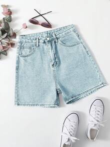 SHEIN EZwear Button-Front Pocket Denim Shorts, Casual Wear - Blue - View 1