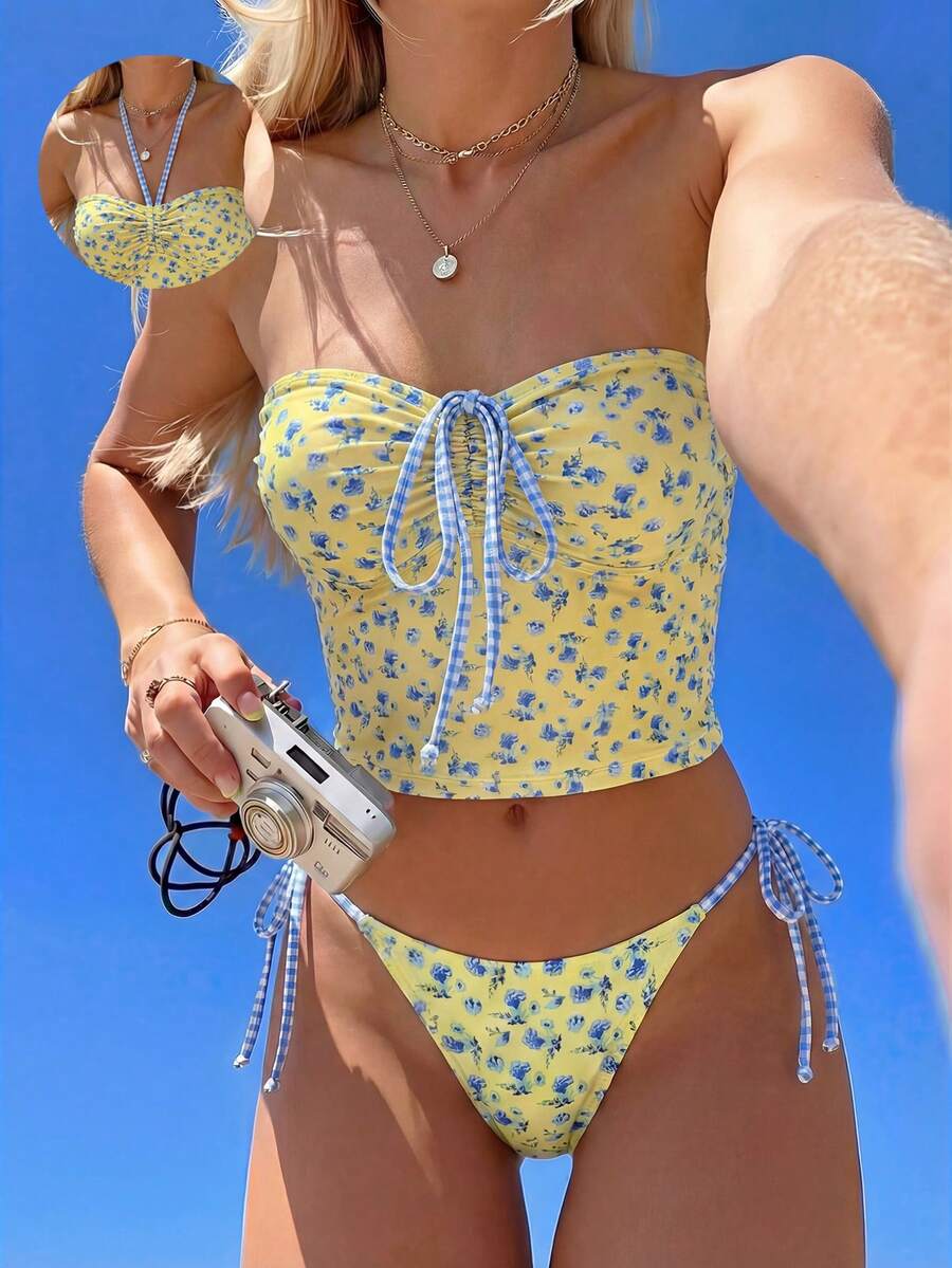 SHEIN Swim Mod 女士两件套热带碎花无肩带系带抹胸上衣和侧系带比基尼套装，适合海滩假日派对 - 彩色 - 查看 1