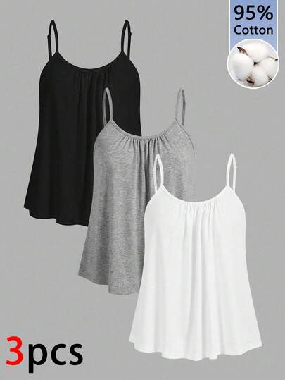 Tseoso Women's 95% Cotton 3-Pack Pleated Polka Dot Cami Tank Tops - Black, White & Grey, Loose Fit With Adjustable Straps For Spring/Summer, Retro Vintage Y2K Soft Girl & Clean Girl Styles, Back To School, Home, Western Festivals, Sports, Gen Z, Summer Biking & Yoga