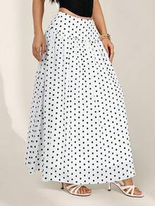 SHEIN PETITE 女士法式优雅波点印花长裙，适合秋季穿着，白色，优雅派对装扮，新年女装，秋冬女装，白色波点裙，黑白波点裙，波点中长裙，休闲款 - 白色 - 查看 4
