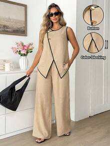 Vionelle Conjunto de 2 piezas para mujer talla grande con chaleco de un solo pecho con borde y pantalones de pierna ancha, casual elegante, conjunto coordinado de clase para mujer, brunch, oficina, rayas blancas y negras, verano - Albaricoque - Ver 6