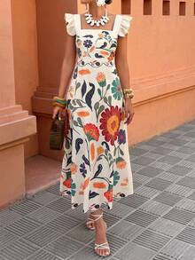 Selianne Vestido largo estampado bohemio amarillo - Mangas con volantes y cuello cuadrado, cintura ceñida, versátil para uso casual/vacacional ( y verano para mujeres) - Multicolor - Ver 3