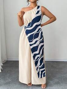 SHEIN Clasi Plus Size Women Casual Sleeveless Jumpsuit With Brown Pleated Design Gym Summer - Apricot - View 3