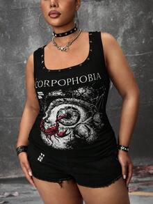 ROMWE Avant Top de tirantes negro con estampado de letra de langosta, remaches y estilo gótico punk grunge, talla grande - Negro - Ver 7